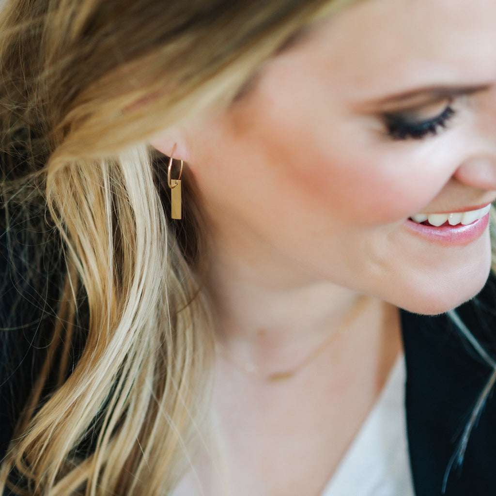 Minimalist handmade 14K solid gold hoop earring with flat bar