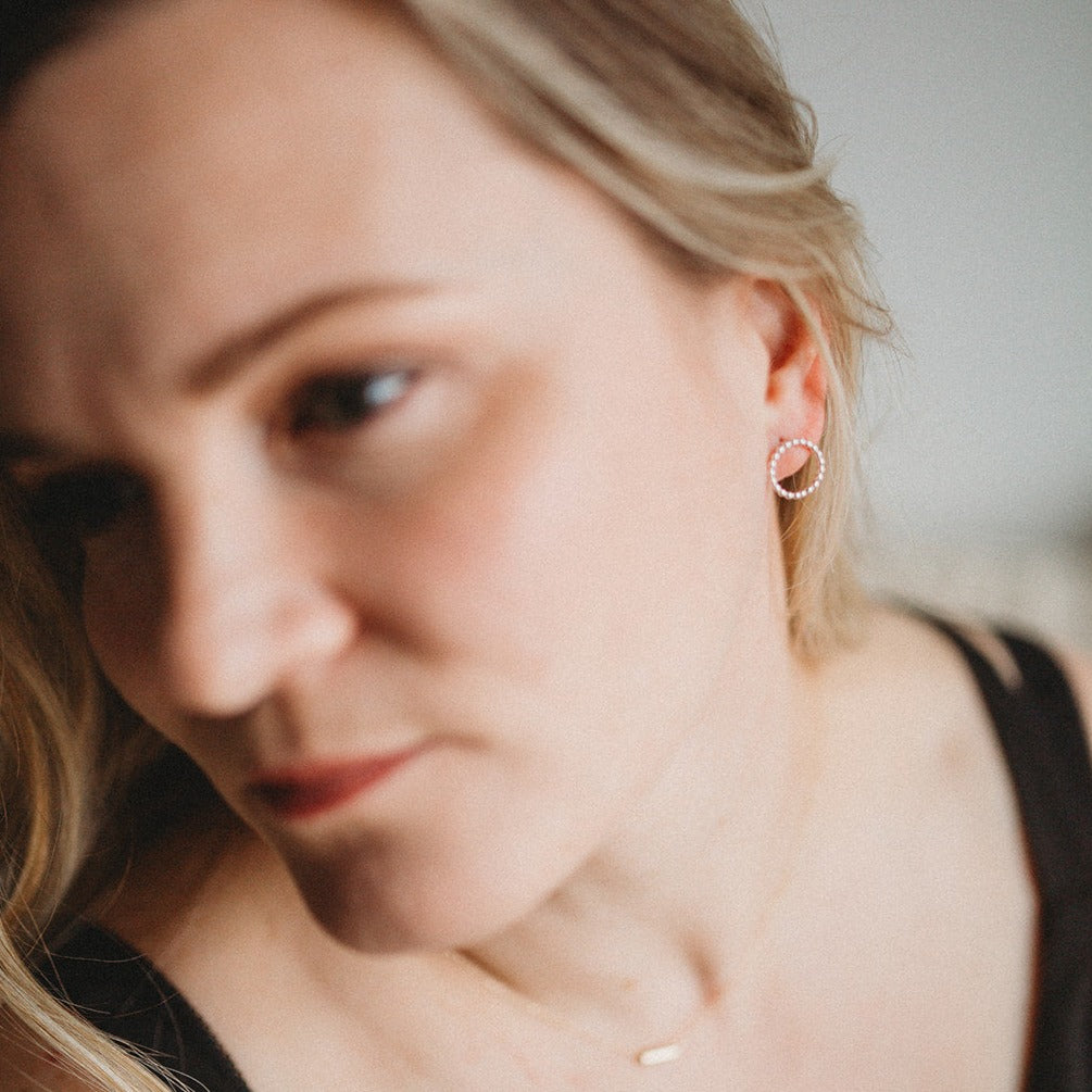 Minimalist handmade sterling silver beaded circle stud earrings
