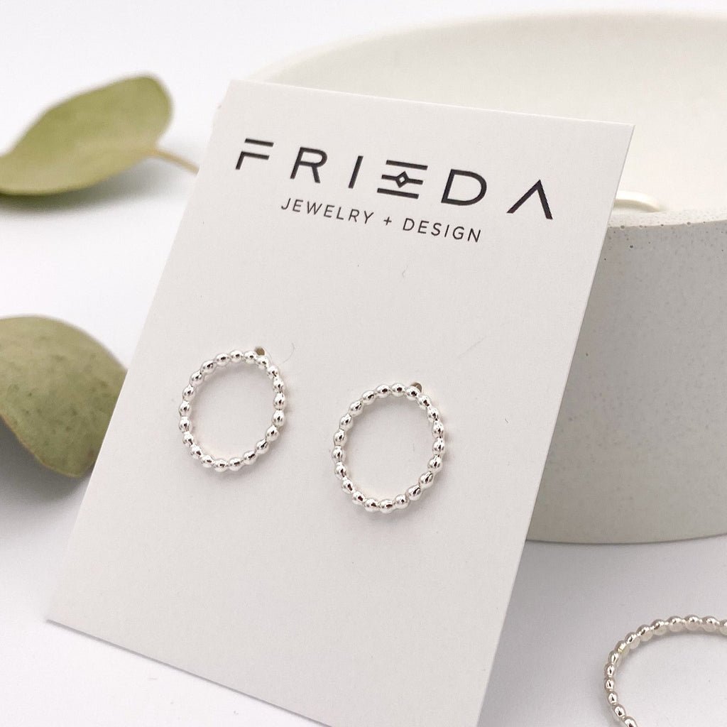 Minimalist sterling handmade silver beaded circle stud earrings